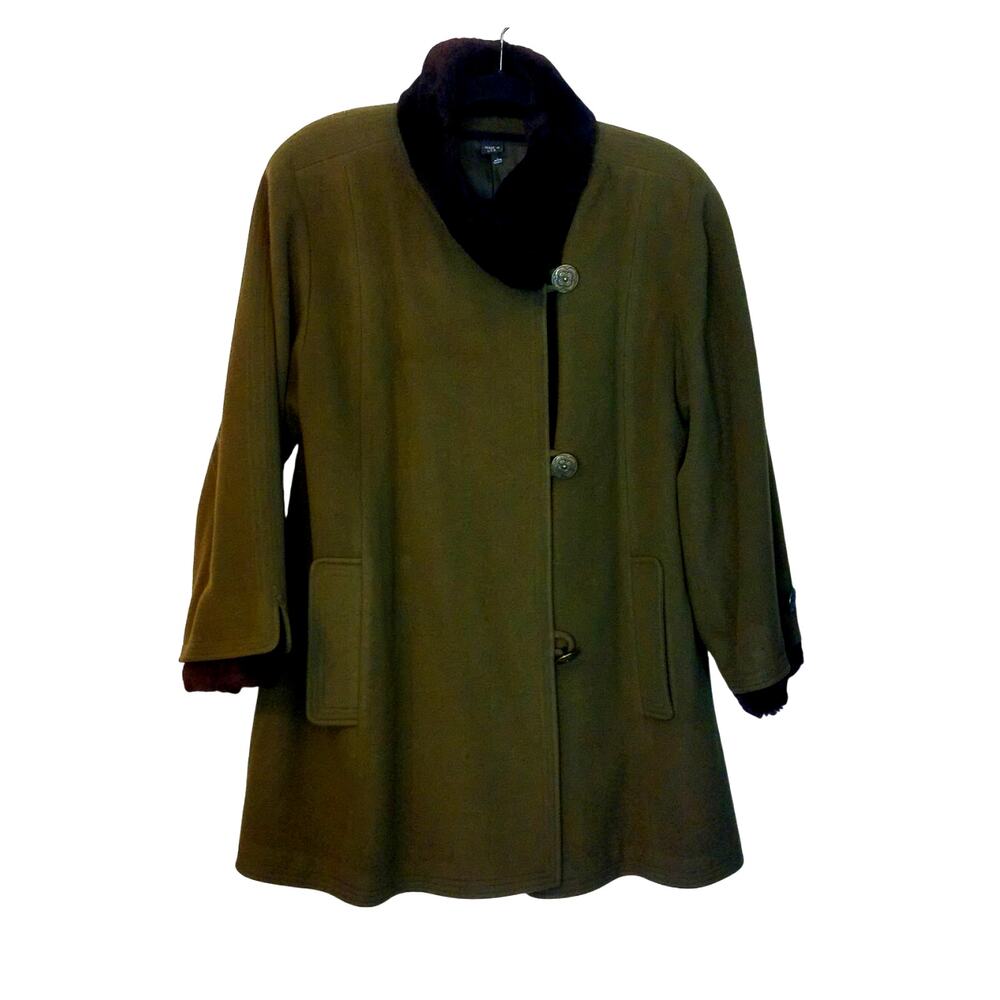 Vintage 80s Nina Ricci Olive Green Wool Swing Coat Black Faux Fur Mob Wife Med